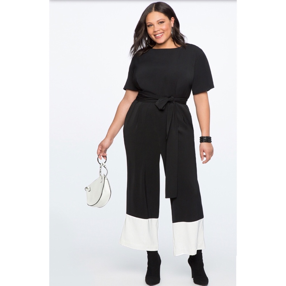 Eloquii Jumpsuit Wide Leg Cropped Romper Belted Black White NWT